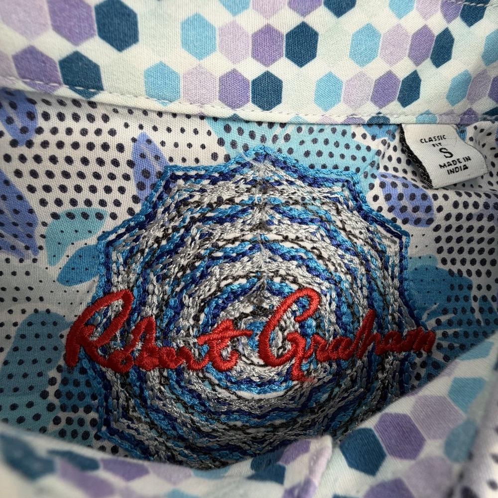 Robert Graham Blue White Floral Abstract Cotton S/S Button Front Size Small - Picture 3 of 7